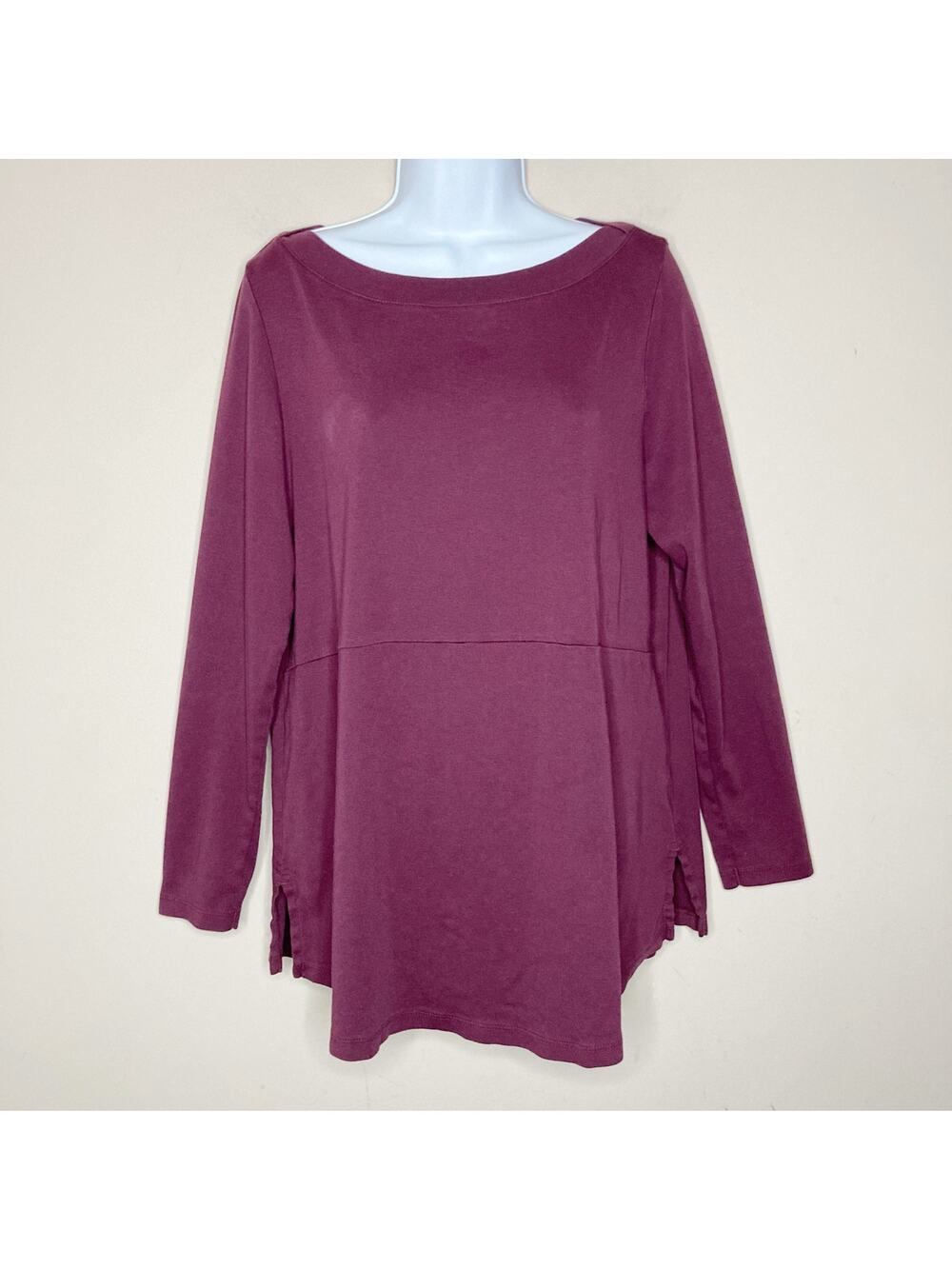 J. Jill L Pima Perfection Shirttail Tunic Top Boat Neck Slit Hem Long Sleeve